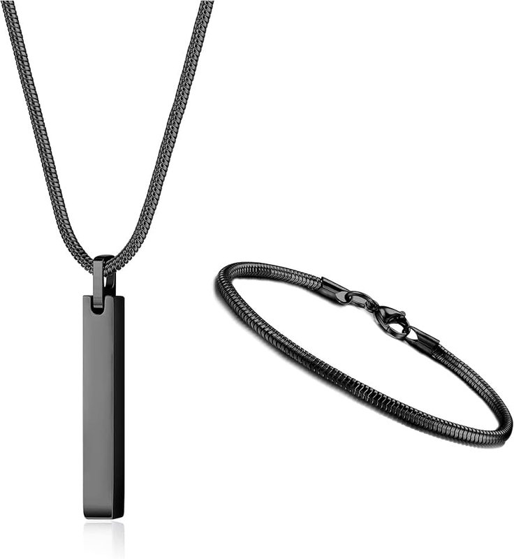 Sanfenly Men's Bar Pendant Necklace Stainless Steel Necklace and Bracelets for Men Women 3mm Snake Chain Necklace and Snake Chain Bracelet Set Length 55cm Silver/Black