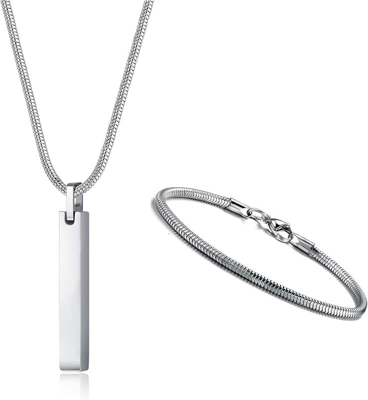 Sanfenly Men's Bar Pendant Necklace Stainless Steel Necklace and Bracelets for Men Women 3mm Snake Chain Necklace and Snake Chain Bracelet Set Length 55cm Silver/Black