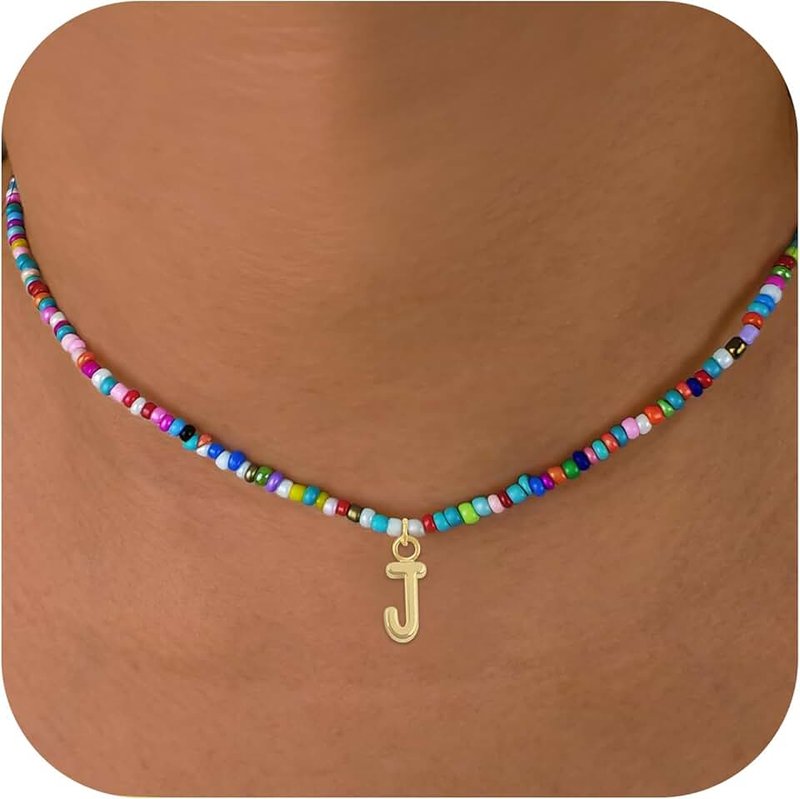 Senfour HONGXUNJIE HXJ Colorful Beaded Initial Necklaces for Girls Gifts, Choker Necklace for Women, Gold Plated Name Letter Necklaces for Girls, Women, Teen and Preteen Gifts