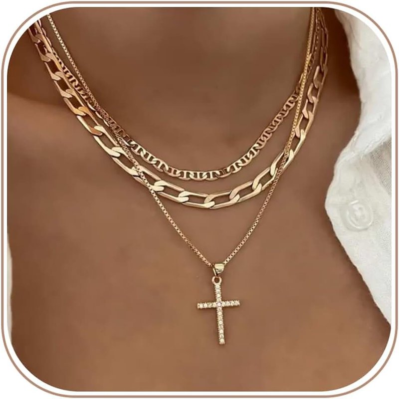 Pancert Layered Gold Necklaces for Women Dainty Gold Necklace 14k Gold Plated Cuban Pearl O Box Paper Clip Chain Circle Cross Fashion Pendant Necklaces Trendy Jewelry Set Simple Jewelry Gifts