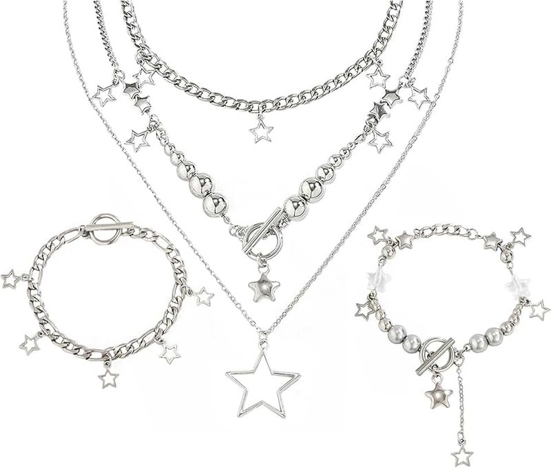 Salircon 2 Pieces Silver Star Necklace Y2K Jewelry Set Grunge Necklace Kawaii Cute Necklaces Aesthetic Vintage Emo Jewelry