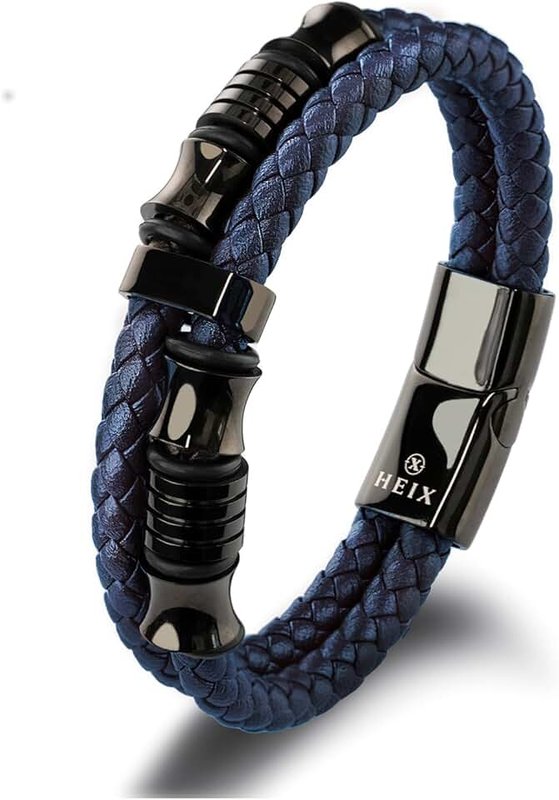 HEIX Men's Premium Leather Bracelet Magnetic Stainless Steel Clasp in Dark Blue and Brown Great Gift Idea for Men & Boys Jewelry (Black)