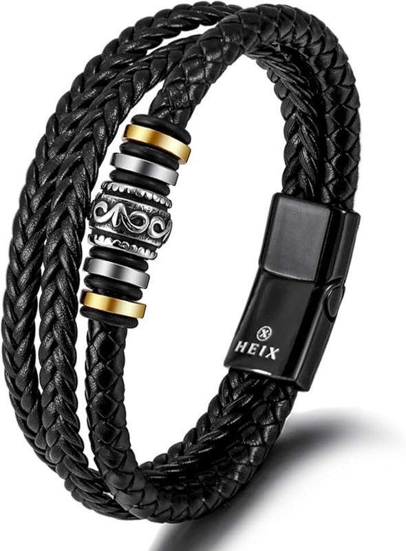 HEIX Mens Genuine Multilayer Braised Leather Bracelet Magnetic Stainless Steel Clasp in Black, Sliver Gift Idea for Men & Boys Jewelry