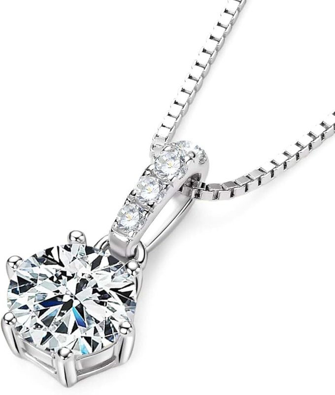 DYUNQ 1-2 CT Moissanite Necklace for Women, Solitaire Lab Created Diamond Pendant, 18K White Gold Plated D Color Round Cut 925 Sterling Silver Necklace, GRA Certified, 18+2 inch Box Chain