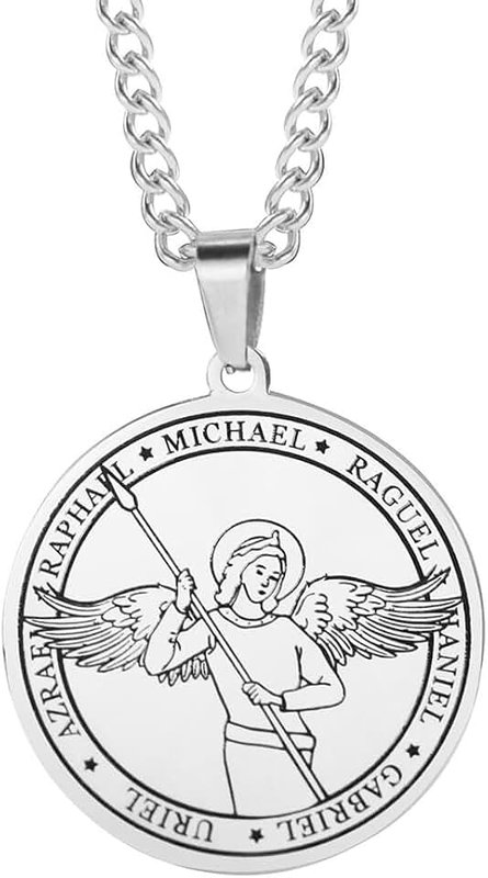 Hewill Stainless Steel Archangel necklace for Women Men Christian Religious Faith Necklace Circle Coin Medal Spiritual Protection Necklace Jewelry Gift