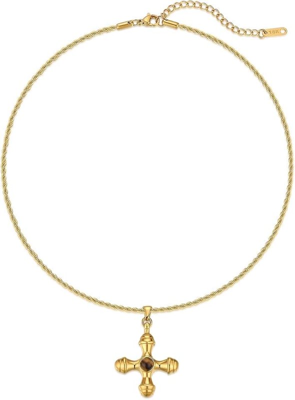 NUZON CZ Evil Eye & Aquamarine Cross Pendant Necklace for Women 14K Gold Chain Necklace Protection Prayer Faith Jewelry Gift to Girls 18''