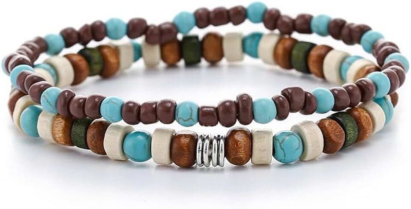 Dmaiy Boho Turquoise Bracelet Wooden Beaded Bracelets Stretch Wrap Bracelet Jewelry for Women and Men 2Pcs, Suit, Turquoise, no gemstone