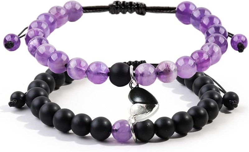 Tokcousun 2 Pcs Magnetic Couples Bracelets Matching Bracelets Adjustable Connecting Bracelets, Double Rope Strong Couple Gifts Friendship Beads Bracelet