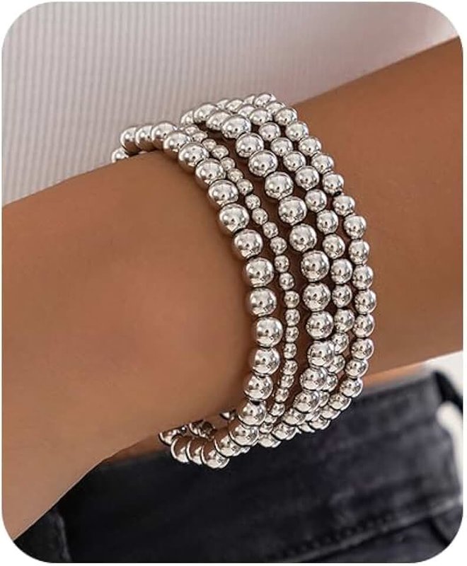 Fanquility 5Pcs Gold Beaded Bracelets 14K Gold Bracelets for Women Bracelet Stack Trendy Stretch Bead Bracelets Silver Bead Bracelet Dainty Jewelry for Women