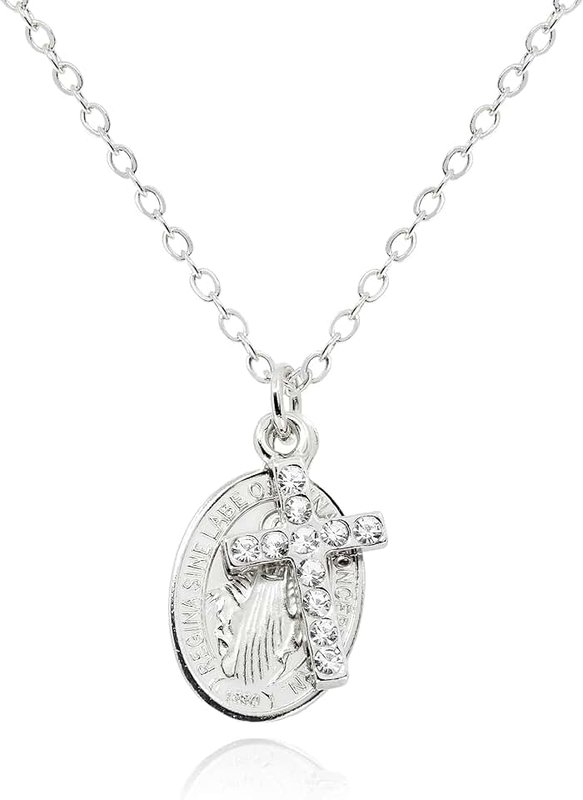 MUSEQVE Cross and Miraculous Medal Necklace • Virgin Mary Coin Pendant Catholic Necklace for Women Kids • 18K Gold Plated Dainty Religious Jewelry Gifts [CXN-MC]