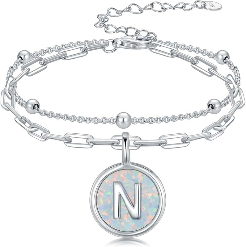 LWQQWL Initial Sterling Silver Bracelet for Women Opal Bracelet Letter A to Z October Birthstone Bracelet Bangle for Girls Sister Daughter Mama Nana Aunt