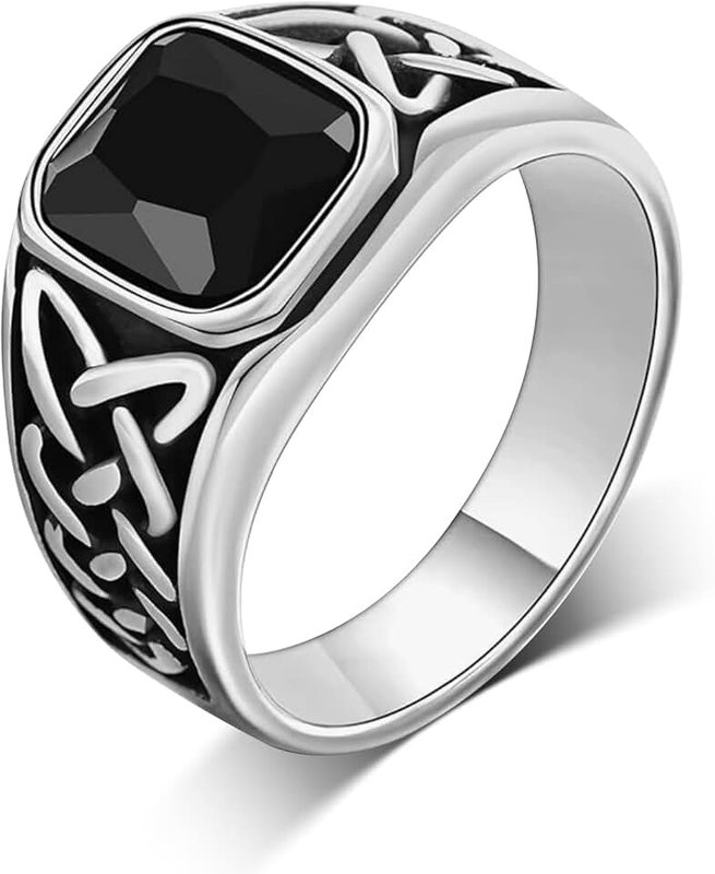 Lian Mens Black Onyx Sapphire Rings Stainless Steel Square Agate Signet Rings for Men Pinky Thumb Ring Band for Dad Father Handmade Engraved Jewelry Men Boys