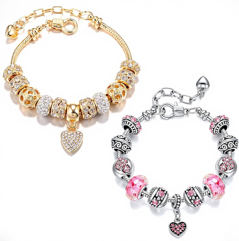 VTEAS 2 Pack Charm Bracelets Pink and Gold Heart Silver Plated Charm Bracelet, DIY Jewelry for Women Gifts, with Beads, Crystal, Charms, Love and Adjustable Snake Chain, Fits 7.5"+1.5"