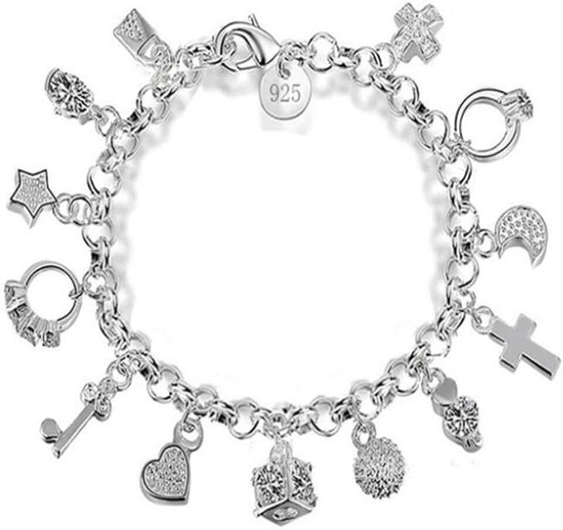 Generic Sterling Silver Charm Bracelet Thirteen Hanging Link Bracelet Jewelry Gifts for Women