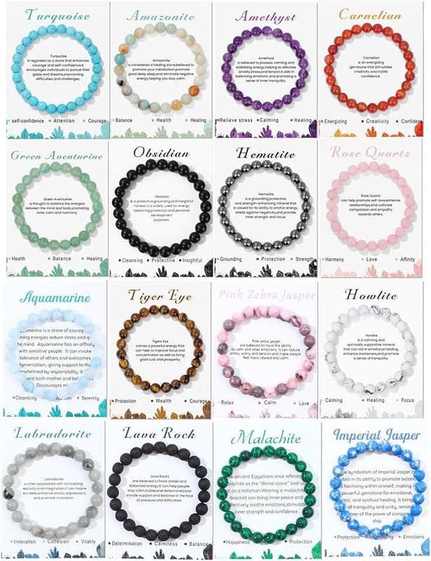 Jewdreamer 16PCS Natural Crystal Bracelets for Women Men - 8mm Semi-Precious Gemstone Beaded Bracelets, Round Gemstones Stretch Bracelet, Yoga Bracelets Jewelry Gifts