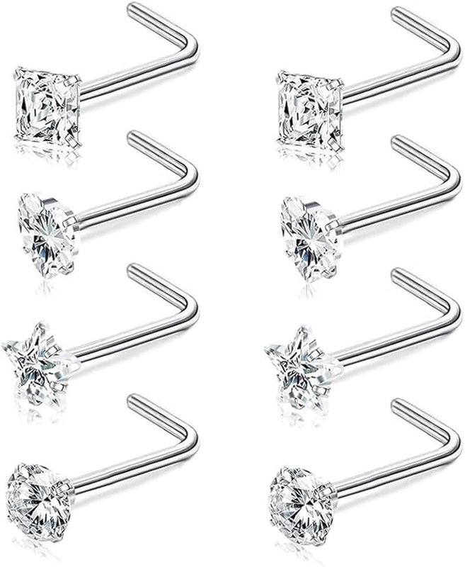 SEEDRILL 8Pcs 20G Nose Rings studs for Woman Hypoallergenic Nose Studs 316L Surgical Steel with Gold Plated Nose Piercings Jewelry 3mm CZ L Shape Nose Rings 20 Gauge Nose Stud Nose Screw Studs