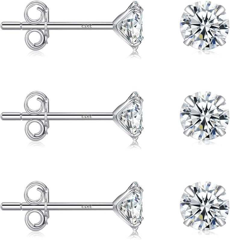 Ecripe 3 Pairs 925 Sterling Silver Earrings for Women, Hypoallergenic Cubic Zirconia Stud Earring Set, Comfortable Cartilage Sleeper Earrings Gift for Women