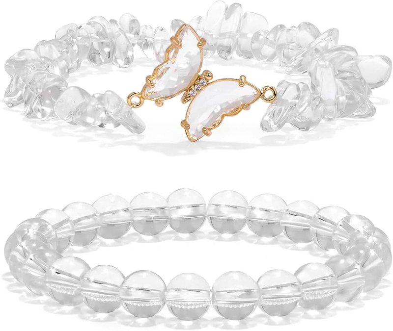 GolbalJew Natural Amethyst Bracelet For Women Butterfly Charm Healing Crystal Beads Bracelets Layered Jewelry Stone Beaded Bracelet Gifts For Women Girls