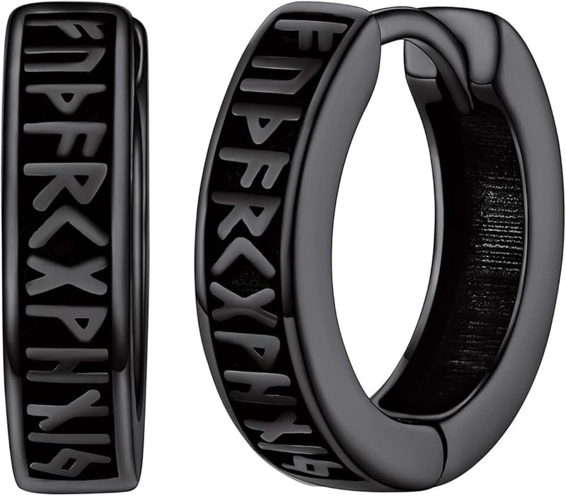 Silvora Black Huggie Earrings Men Sterling Silver Cool Punk Small Hoop Earring Viking Runes Celtic Knots Skull Carvings Ear Charm Jewelry for Men Women Gift(2.7g, 3.56mm,Black and Silver)