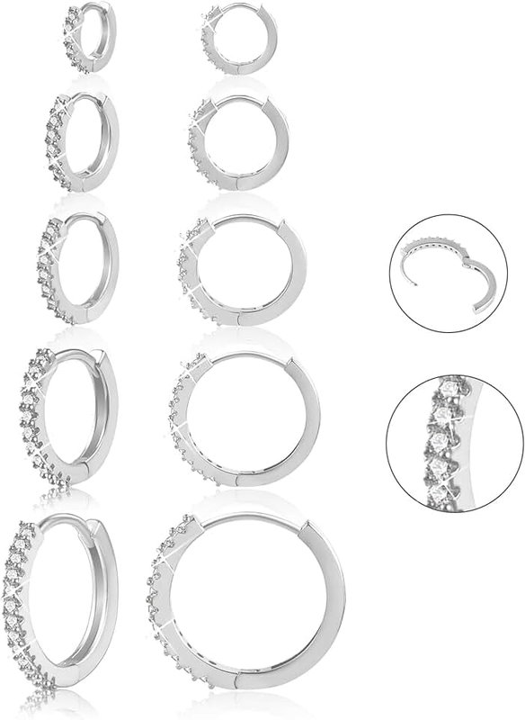 ALEXCRAFT 5 Pairs Small 14K Gold 925 Sterling Silver Hoop Earrings for Women Huggie Cartilage Earring Set Cute Mini Thin Tragus Hoops Multiple Piercings Aretes Earrings Sets for Women Trendy (8-10-12-14-16) mm