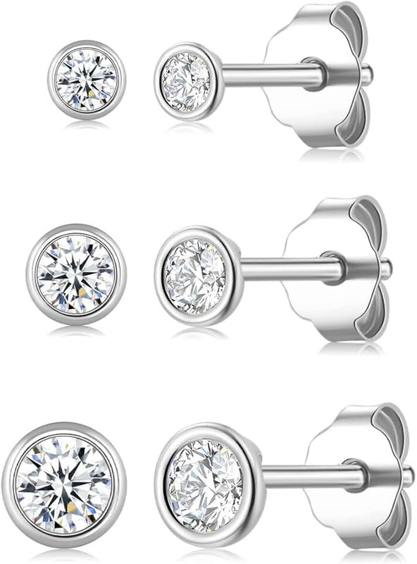 Ecripe 3 Pairs of 925 Sterling Silver Stud Earrings, Hypoallergenic Cubic Zirconia Stud Earrings Silver for Women, Sparkling Earlobe Cartilage Stud Earrings, Earrings for Sleep Earrings Women