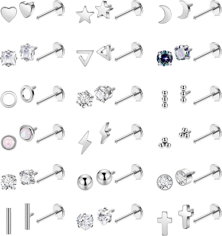 Vegolita 18Pairs 18G Titanium Stainless Steel Stud Earrings Set for Women Men Hypoallergenic Flat Back Cartilage Stud Earrings CZ Moon Star Heart Ball Helix Tragus Lobe Stud Earrings 6MM 8MM