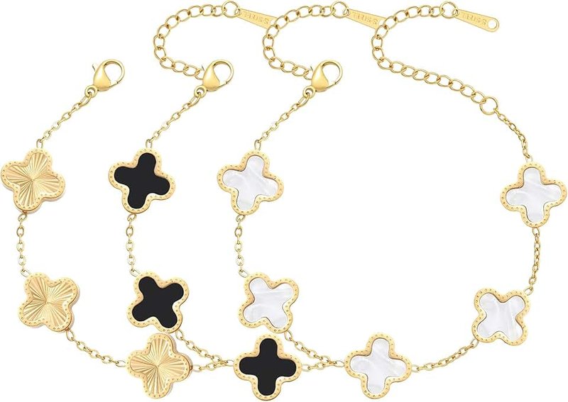 AIPPK 18K Gold Plated Gold/White/Black Bracelet Set Clover Lucky Bracelet for Women Four Leaf Bracelets Jewelry Gifts for Women Girls