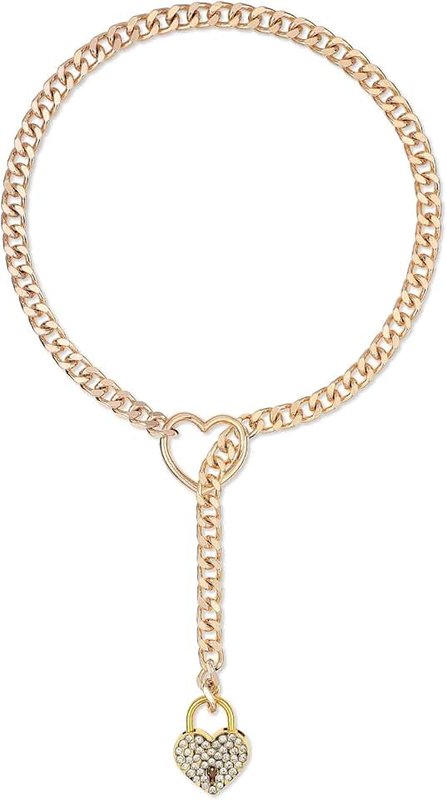 ADEMISHIA Women Slip Chian Necklace With Padlock, Punk Gothic Gold Cuban Chain Necklace With Heart-shape Lock Adjustable Lariat Y-Necklace For Women Size 24” 28”