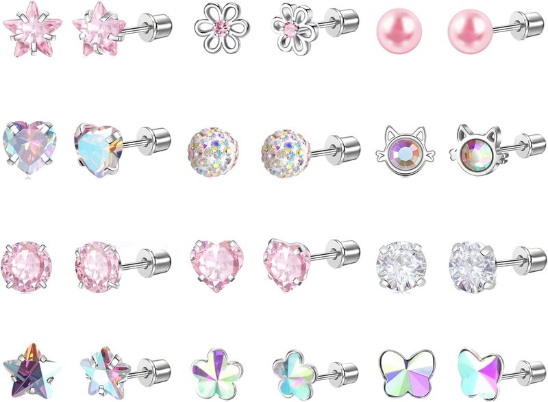 12 Pairs Toddler Earrings Hypoallergenic Screw Back Earrings for Girls Women Surgical Stainless Steel Stud Earrings Cute Flower Pearl Star 20G Cubic Zirconia Flat Back Stud Earrings Set
