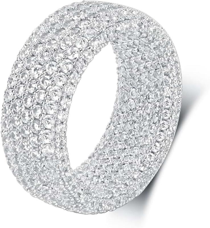 MDFUN 18K White Gold Plated Engagement Promise Wedding Eternity Ring for Women Men, Iced Out Sparkling Cubic Zirconia Rings 9mm Width Size 5-10