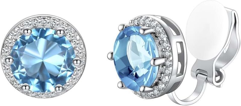 Silvora Clip On Earrings for Women 8MM Round Birthstone Cubic Zirconia Women's Earrings 925 Silver Non Pierced Ear Clips for Girls,Come with Box