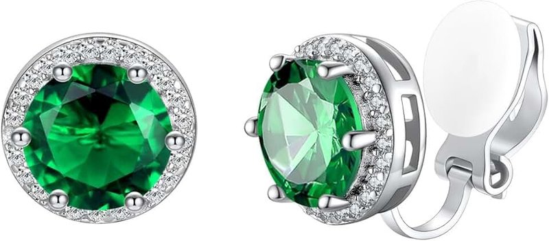 Silvora Clip On Earrings for Women 8MM Round Birthstone Cubic Zirconia Women's Earrings 925 Silver Non Pierced Ear Clips for Girls,Come with Box