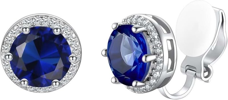 Silvora Clip On Earrings for Women 8MM Round Birthstone Cubic Zirconia Women's Earrings 925 Silver Non Pierced Ear Clips for Girls,Come with Box