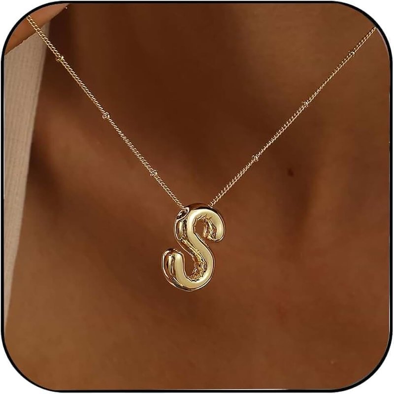 Ewrkbrㅤ Gold Bubble Letter Necklace for Women, 14k Gold Plated Balloon Initial Letter Pendant Necklace Dainty Charm Initial Necklaces for Women Trendy Chunky Custom Name Necklace Gold Jewelry for Women