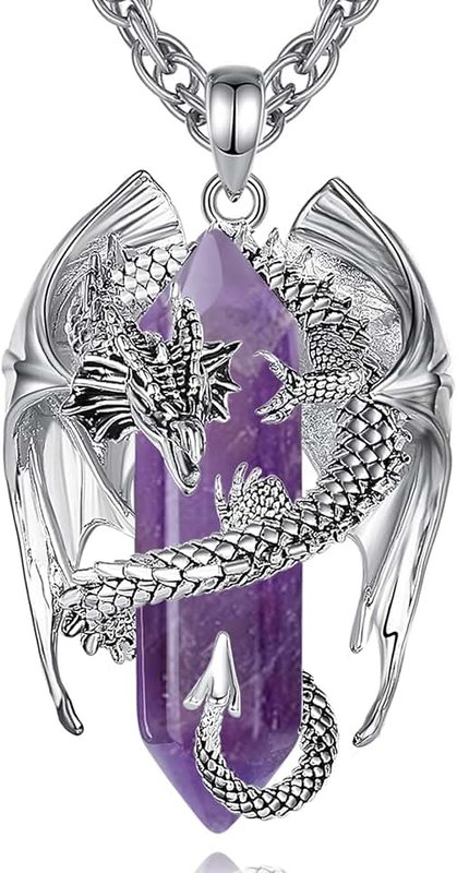 INFUSEU Unique Dragon Necklaces with Healing Crystal Stone for Men Women, Personalized Spiritual Gifts, 24 Inch Chain, 33mm, Stainless Steel, Amethyst