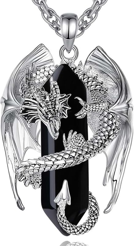 INFUSEU Dragon Necklaces with Healing Crystal Stone for Men Women, Unique Personalized Spiritual Gifts, 33mm, Stainless Steel, Obsidian