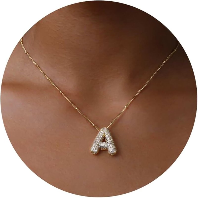 Apsvo Bubble Letter Necklace Gold, A-Z Balloon Initial Necklaces Rhinestone Puff Letter Pendant Chunky Alphabet Necklace for Women