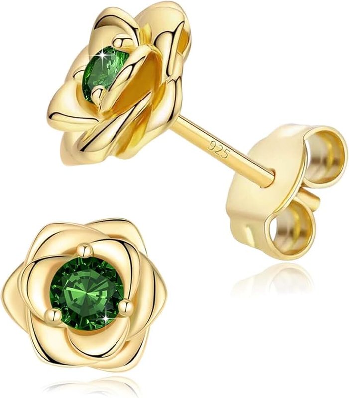 Sumonyo 14K Gold Plated 925 Sterling Silver Post Rose Flower Stud Earrings for Women Birthstone Crystal Studs Earrings Hypoallergenic & Nickel Free Jewelry