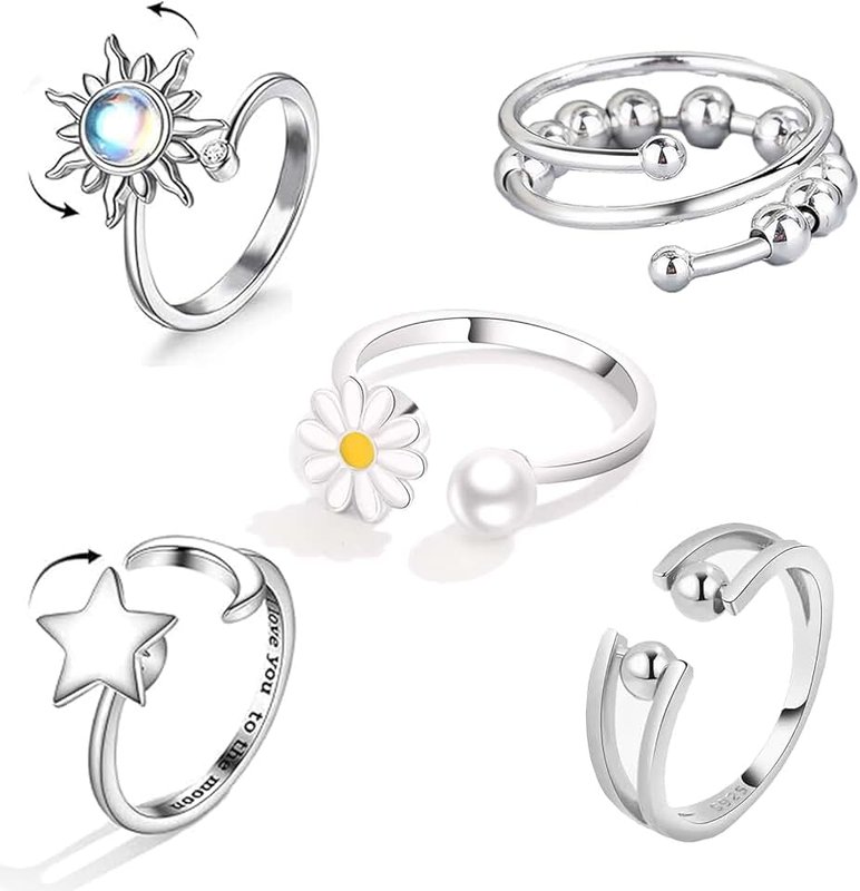 XdealCozyxc 5PCS Fidget Rings for Anxiety Women Teen Girls, Adjustable Rotatable Open Spinner Rings, Metal