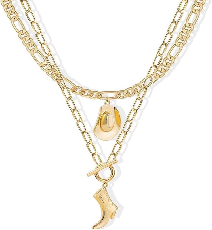 KOFISNI Cowboy Hat Boot Pendant Necklace for Women Layer Dainty Western Cowgirl Hat Boot Charms Chain Necklace Shell Necklace Summer Seashell Beach 18k Starfish Surfer Jewelry Gift