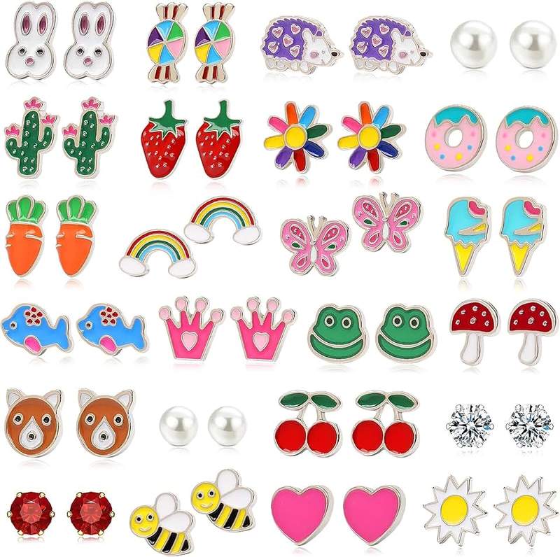 Asivsa 24 Pairs Hypoallergenic Stud Earrings for Girls Kids Cute Stainless Steel Earrings Fun Mushroom Butterfly Flower Rainbow Frog Earrings Set Jewelry for Little Girls Women