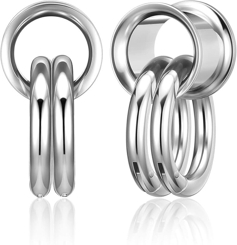 PiercingJ PiercingJ 1 Pair Ear Guages with Rings Ear Weight Plugs Tunnels Hypoallergenic Ear Expander Stretchers 316 Stainless Steel Hoop Earrings Piercing Body Jewelry 0G 00G 1/2'' 9/16'''
