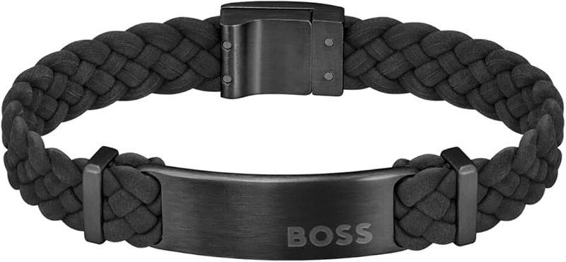 Hugo Boss Men's Black Steel & Leather Bracelet, 1580608M, Black, One Size