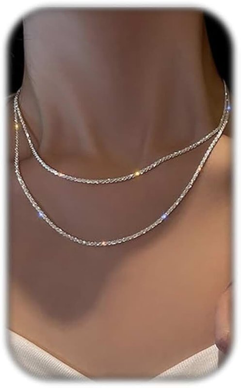 PUBBCIA Stackable Layered Necklaces for Women Sparkly Silver Choker Necklace Double Layer Snake Chain Necklace Trendy Jewelry Gifts for Girls