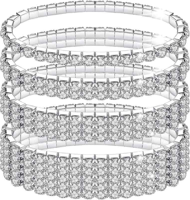 LucBuy Rhinestone Stretch Bracelets, LucBuy Twinkle Diamond Tennis Bangle, Crystal Sparkling Bridal Stackable Bracelet Jewelry, Bling Shining Wedding Party Elastic Band Bracelet for Women