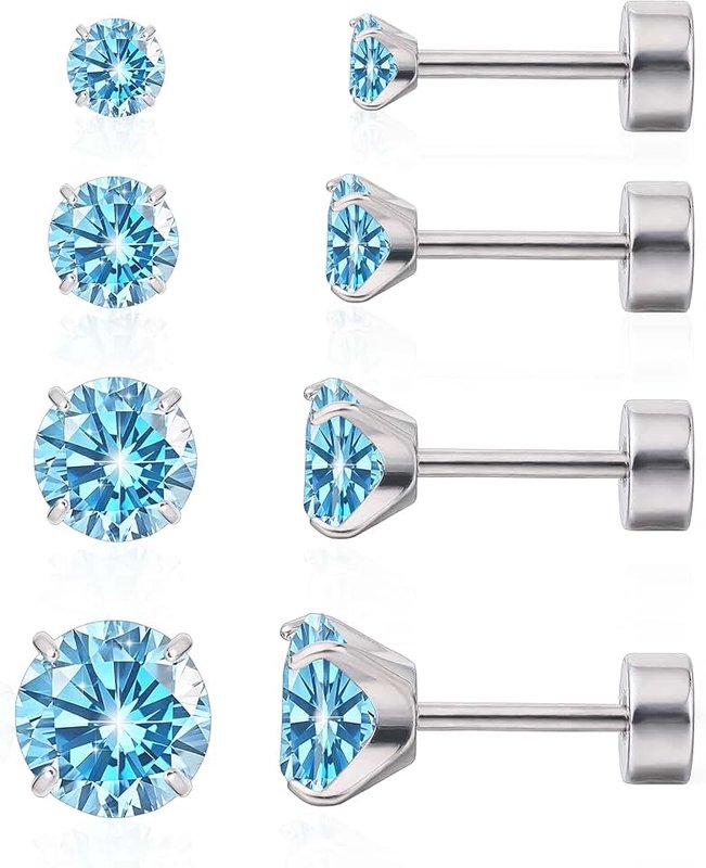 limerencia F136 Hypoallergenic Titanium Earrings 20G CZ Studs Set, Flat Back Earrings Cartilage Helix G23 Piercing Post of 4 Pairs 3-6mm Screw Back Earrings for Women Girls