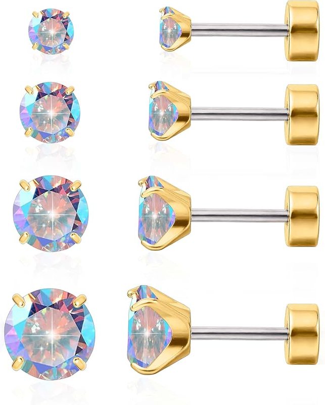 limerencia F136 Hypoallergenic Titanium Earrings 20G CZ Studs Set, Flat Back Earrings Cartilage Helix G23 Piercing Post of 4 Pairs 3-6mm Screw Back Earrings for Women Girls