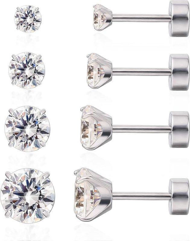 limerencia F136 Hypoallergenic Titanium Earrings 20G CZ Studs Set, Flat Back Earrings Cartilage Helix G23 Piercing Post of 4 Pairs 3-6mm Screw Back Earrings for Women Girls