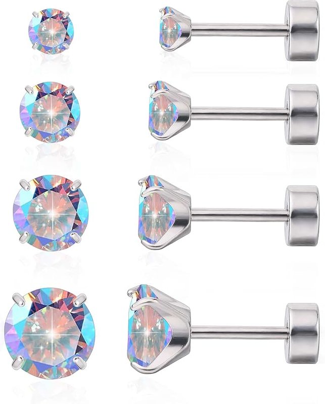 limerencia F136 Hypoallergenic Titanium Earrings 20G CZ Studs Set, Flat Back Earrings Cartilage Helix G23 Piercing Post of 4 Pairs 3-6mm Screw Back Earrings for Women Girls