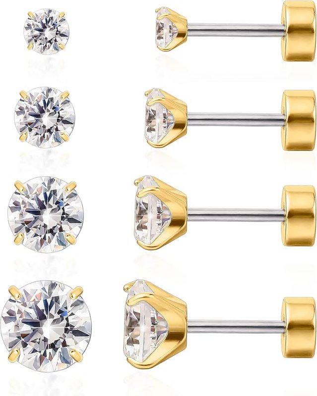 limerencia F136 Hypoallergenic Titanium Earrings 20G CZ Studs Set, Flat Back Earrings Cartilage Helix G23 Piercing Post of 4 Pairs 3-6mm Screw Back Earrings for Women Girls